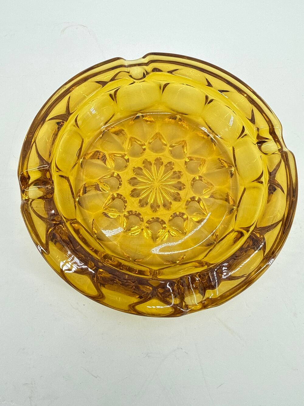 Amber Glass Ashtray Daisy Floral Pressed Glass MCM Retro Tobacco Decor 6 Inch